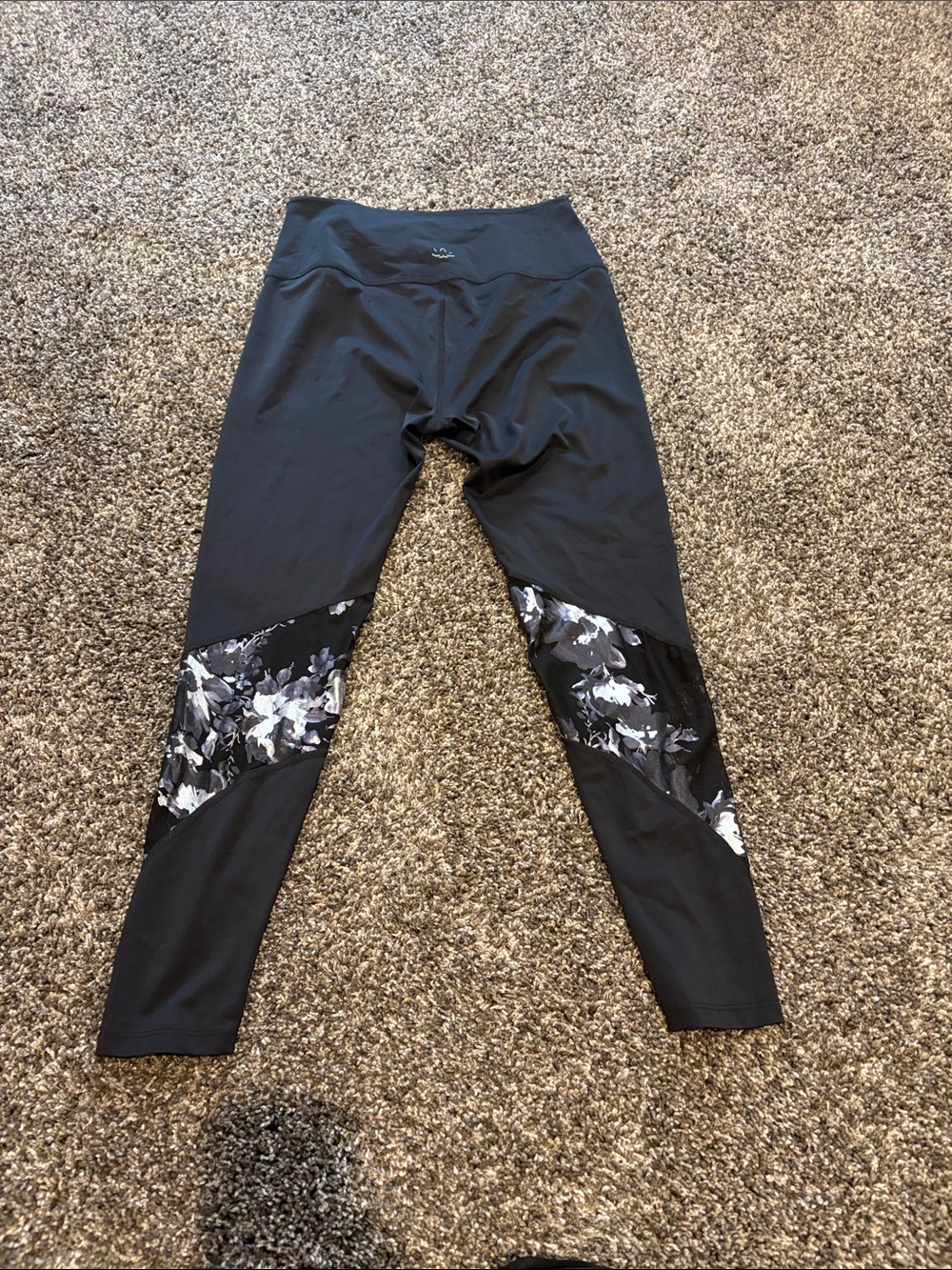 Beyond Yoga Black Leggings with Monochrome Floral Panels